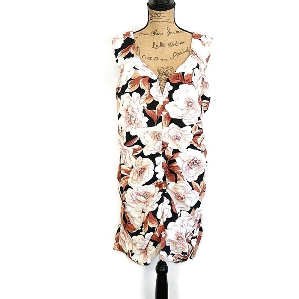 Express Ruched Sheath Dress Womens XL Black Floral Linen Blend V-Neck Sleeveless